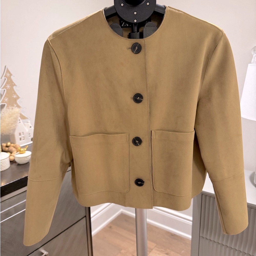 Zara Women's Tan Blazer with Black Buttons